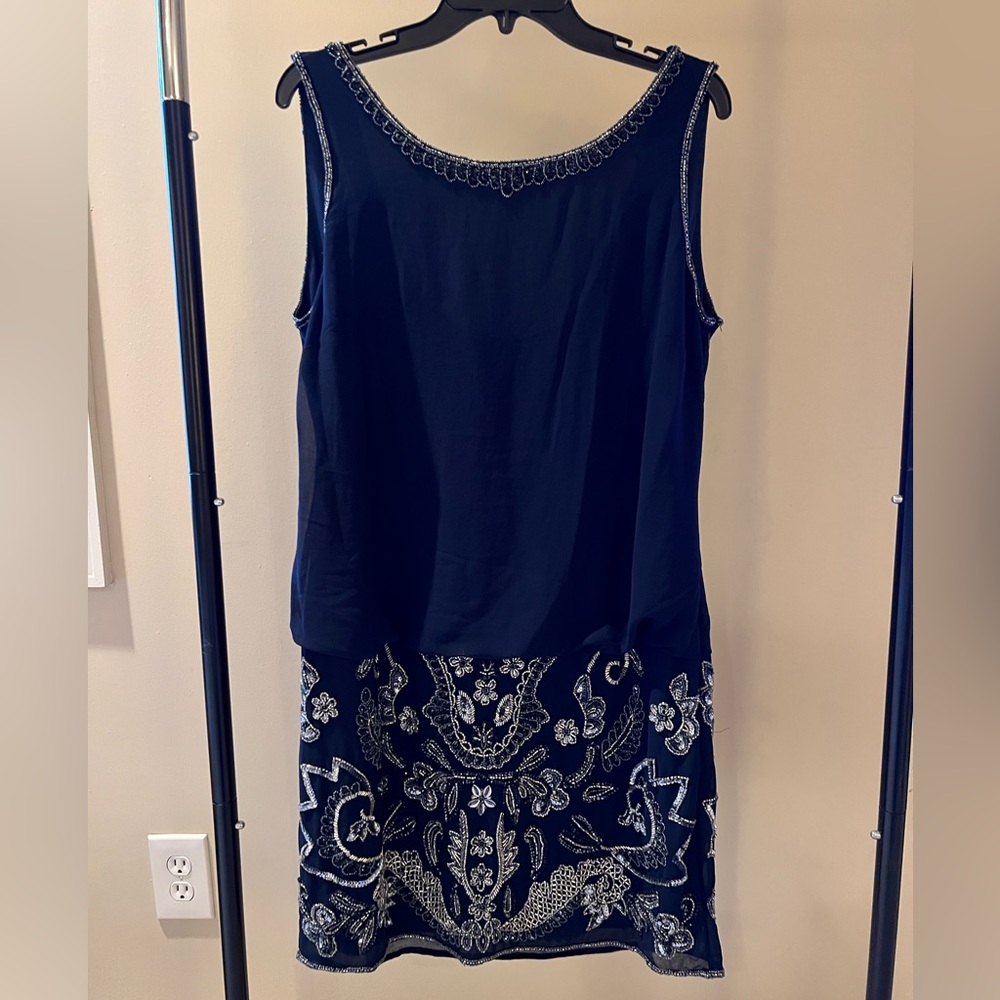 Adrianna Papell Navy and Silver Embroidered Dress